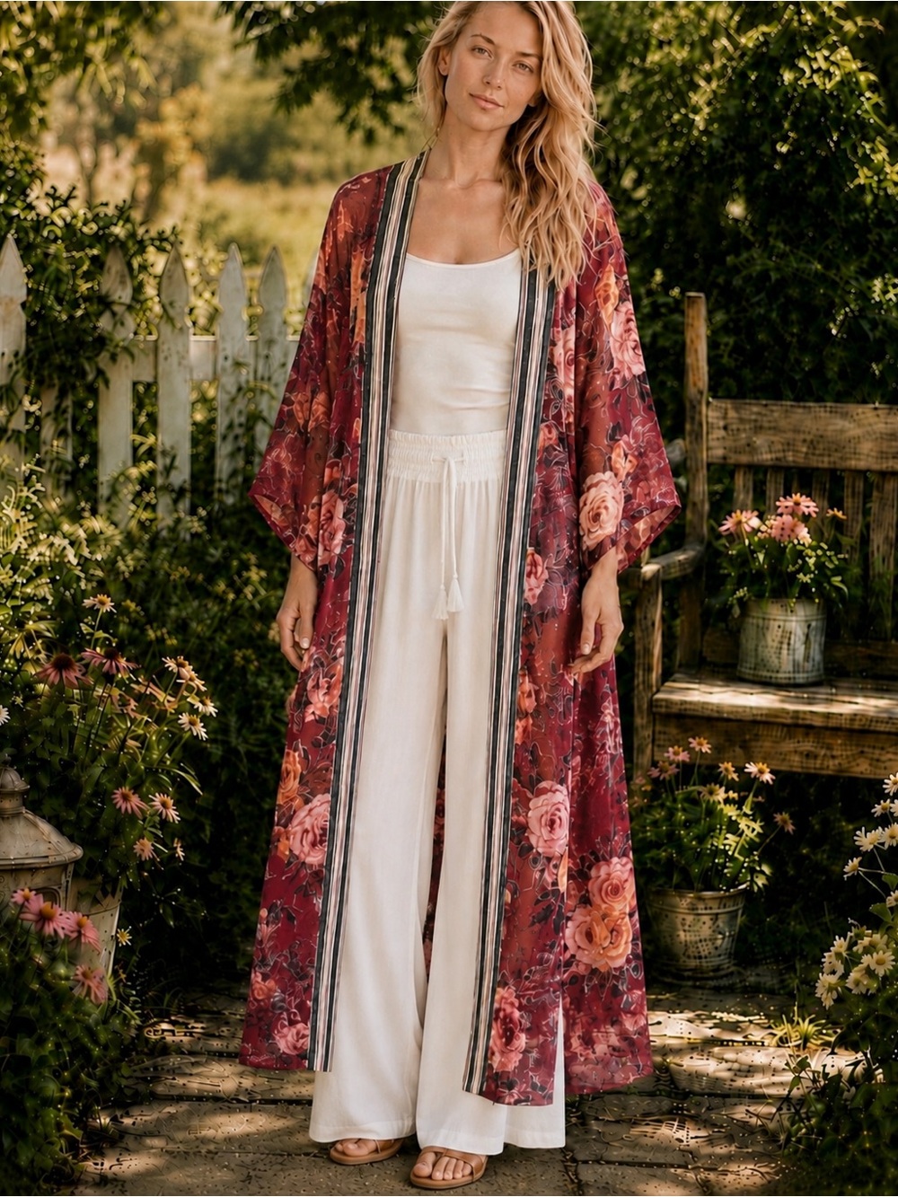 Aratta One Size Burgundy Floral Burnout Velvet Kimono Duster